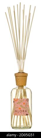 Alora ambiance reed diffuser with agrume citrus scent made up of grapfruit, orange and eucalyptus photographed on a white background. Stock Photo