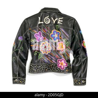 Back view of a black faux leather flower jacket photographed on a white background Stock Photo