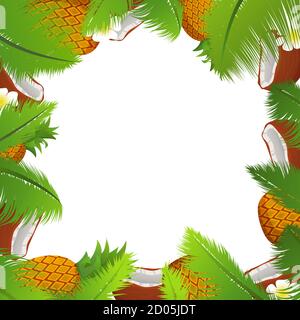 Tropical template of a frame for a banner with palm leaves and coco ,pineapples and flowers . Stock Vector