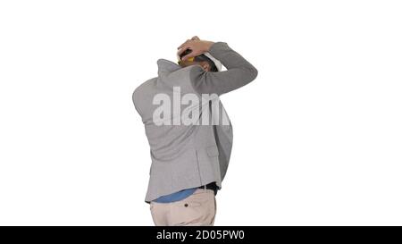 Arabian engineer with hardhat walking Safety concept on white background. Stock Photo