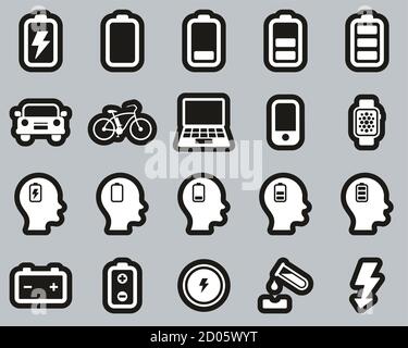 Battery Or Electric Power Icons White On Black Sticker Set Big Stock Vector
