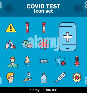 Covid 19 virus test line and fill style set of icons design of 2019 ncov cov coronavirus infection and corona theme Vector illustration Stock Vector