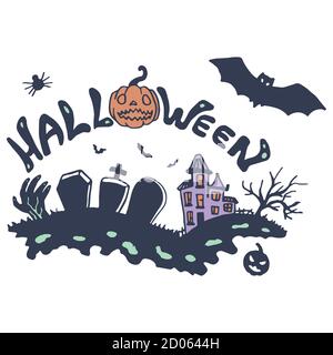 Halloween text on white isolated backdrop. Spooky house graveyard for invitation or gift card, notebook, bath tile, scrapbook. Phone case or cloth pri Stock Vector