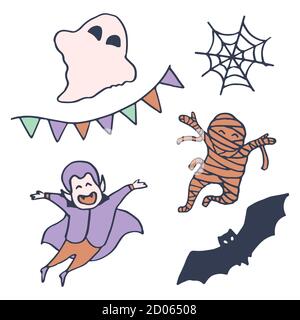 Halloween vampire icon on white isolated backdrop. Mummy and bat for invitation or gift card, notebook, bath tile, scrapbook. Phone case or cloth prin Stock Vector