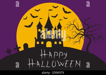 Old haunted castle on hill silhouette in front of the big moon and the purple sky with bats and text Happy Halloween. Halloween holiday concept vector Stock Vector