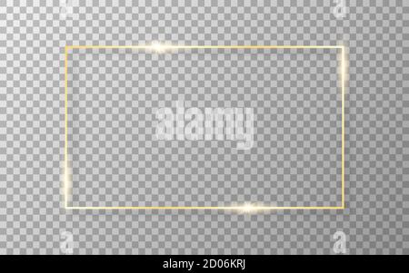 Gold frame on transparent background. Luxury golden border. Shiny rectangle with soft shadow. Wedding or fashion object. Realistic template. Vector Stock Vector