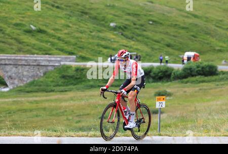 Col de Iseran, France - July 26, 2019: The Belgian cyclist Tim Wellens of Team Lotto-Soudal climb the road to Col de Iseran during the stage 19 of Le Stock Photo