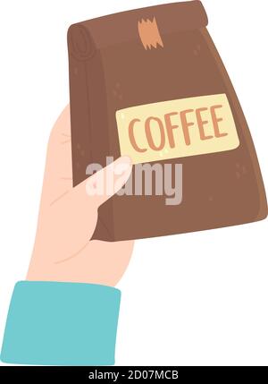 hand with package coffee product isolated icon style vector illustration Stock Vector