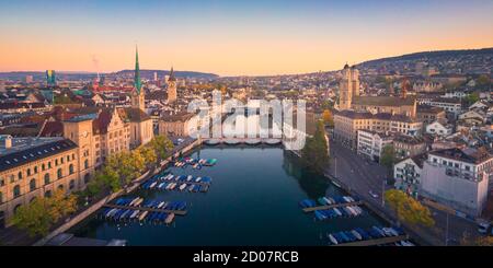 Aerial panoramic cityscape view of Zurich in autumn, Switzerland Stock Photo