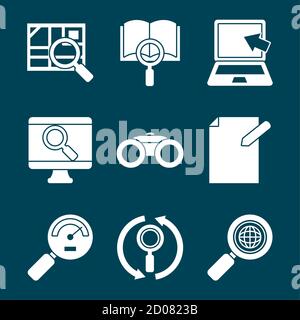 icon set of search and books over blue background, silhouette style, vector illustration Stock Vector