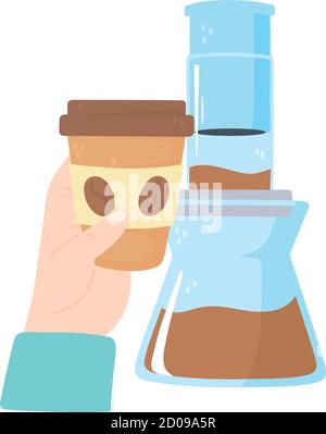 coffee brewing methods, syphon and hand disposable coffee cup vector illustration Stock Vector