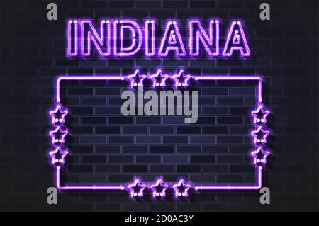 Indiana US State glowing violet neon letters and starred frame. Realistic illustration. Black brick wall, soft shadow. Stock Photo