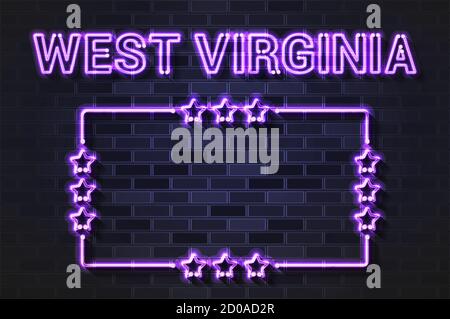 West Virginia US State glowing violet neon letters and starred frame. Realistic illustration. Black brick wall, soft shadow. Stock Photo