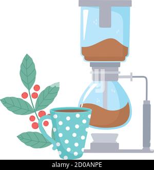 coffee brewing methods, syphon and coffee cup branch seeds vector illustration Stock Vector