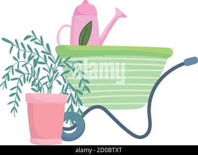 happy garden, wheelbarrow watering can and potted plant cartoon vector illustration vector illustration Stock Vector