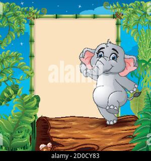 Vector illustration of Cartoon elephant standing on hollow log near the empty framed signboard Stock Vector