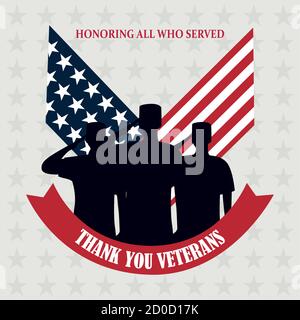 happy veterans day, typewritten text soldiers and US flag vector illustration Stock Vector