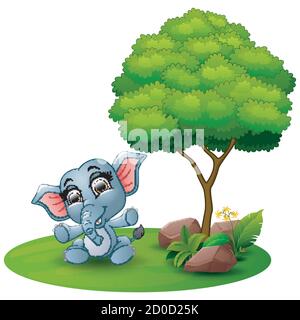 Cartoon baby elephant sitting under a tree on a white background Stock Vector