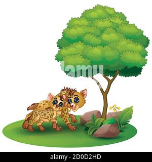 Cartoon adult hyena and cub hyena under a tree on a white background Stock Vector