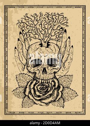 Wiccan emblem with skull, human hands, rose flower and tree in frame. Esoteric, occult and gothic vector illustration with symbols of death, Halloween Stock Vector