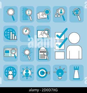 search icons, magnifying glass explore web internet pack thin blue line and fill vector illustration Stock Vector