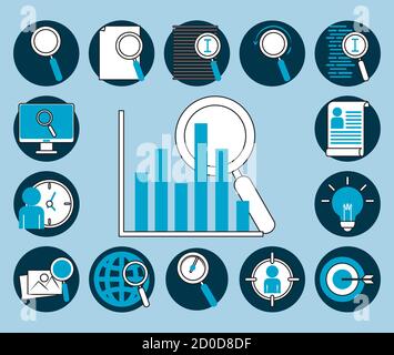 search icons, mobile browser technology explore thin blue line and fill vector illustration Stock Vector