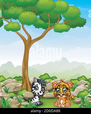 Cartoon baby zebra with baby tiger sitting in the jungle Stock Vector