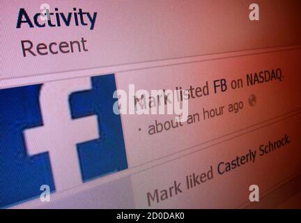 Recent activity lists 'Mark listed FB on NASDAQ' in this image taken from Mark Zuckerberg's Facebook page on May 18, 2012. Investors are bracing for Facebook's Wall Street debut on Friday after the world's No.1 online social network raised about $16 billion in one of the biggest initial public offerings in U.S. history. REUTERS/Staff (UNITED STATES - Tags: BUSINESS)