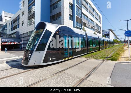 Luxembourg - June 24, 2020: Tram Luxtram train public transit transport in Luxembourg. Stock Photo