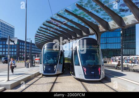 Luxembourg - June 24, 2020: Tram Luxtram train public transit transport Luxexpo station in Luxembourg. Stock Photo
