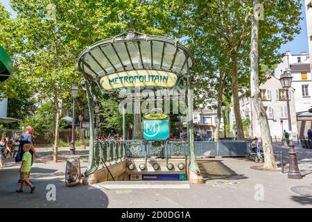 Paris, France - July 23, 2019: Metro Paris Metropolitain entrance Station Abbesses Art Nouveau MRT in France. Stock Photo