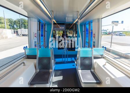 Luxembourg - June 24, 2020: Tram Luxtram train public transit transport interior CAF Urbos in Luxembourg. Stock Photo
