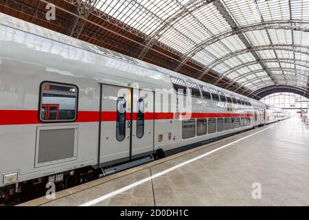 Leipzig, Germany - August 19, 2020: IC2 Intercity 2 double-deck train at Leipzig main station railway in Germany. Stock Photo