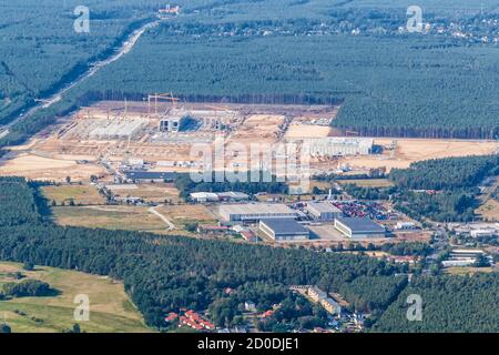 Berlin, Germany - August 19, 2020: Tesla Gigafactory Berlin Brandenburg Giga Factory construction site aerial view photo in Germany. Stock Photo