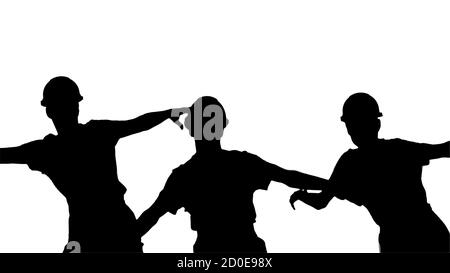 Silhouette Three male construction workers in hard hats synch da Stock Photo