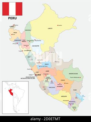 Administrative divisions vector map of Peru with flag Stock Vector