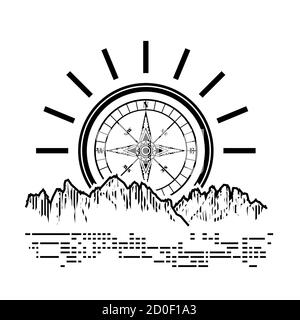 Compass shining over mountain look like sunrise that leading the way for traveller. Vector illustration. Stock Vector