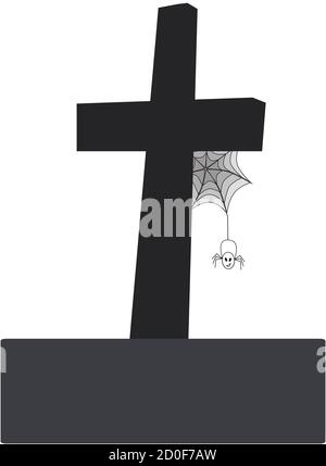 Cross tombstone. Spider and spider web. Vector illustration for Halloween design.  Isolated on a white background Stock Vector