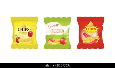 Potato chips bags design with different flavors, vector Stock Vector