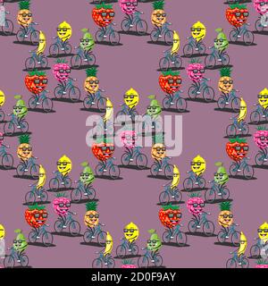 seamless cartoon fruit pattern riding a bike on a pink background. Vector image Stock Vector