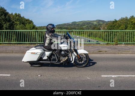 2019 white Harley-Davidson Flhrxs Road King SP 1868; ; Motorbike rider; two wheeled transport, motorcycles, vehicle, roads, motorbikes, bike riders motoring in Chorley, UK Stock Photo