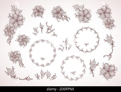 Hand drawn floral elements for design, frames and flowers.In purple and beige colors. Stock Vector