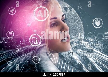 AI Learning and Artificial Intelligence Concept - Icon Graphic Interface showing computer, machine thinking and AI Artificial Intelligence of Digital Stock Photo