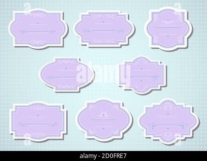 Vector set of labels and tags with frames and decorative elements. In lilac and turquoise colors.
