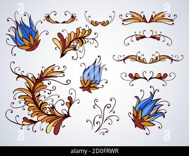 Vector hand drawn floral elements for design, dividers and flowers. In blue and brown colors. Stock Vector