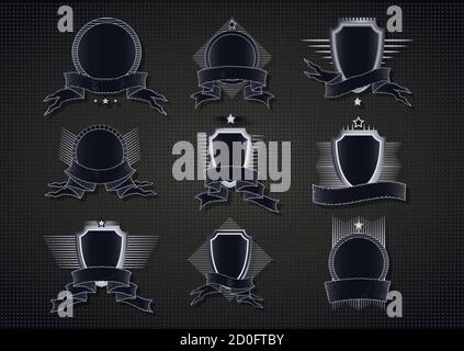 Vector set of old tattered banners and shields. In dark colors. Gradient used. Stock Vector