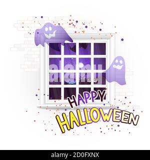 Vector Halloween illustration with window, pumpkins and hand drawn inscription on a brick light background. Night landscape with a cemetery and a full Stock Vector