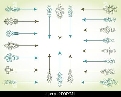 Vector collection of hand drawn decorative arrows and pointers. In blue and dark green colors. Stock Vector