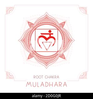 Vector illustration with symbol Muladhara - Root chakra and decorative frame on white background. Round mandala pattern and hand drawn lettering. Colo Stock Vector