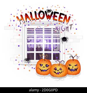 Vector Halloween illustration with window, pumpkins and hand drawn inscription on a brick light background. Night landscape with abandoned house and a Stock Vector